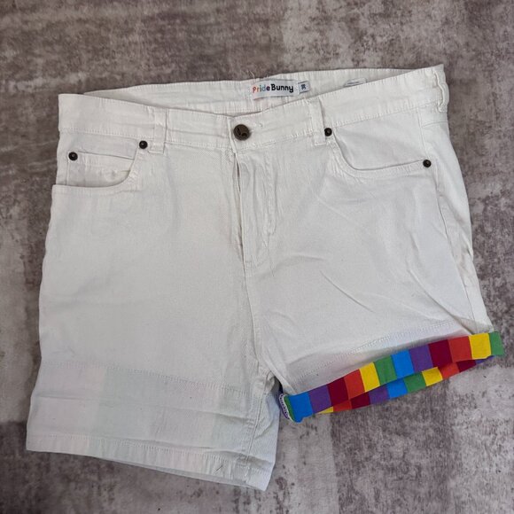 Pride Bunny Brand White Shorts w/ Rainbow Cuff Inside & Plain Outside, 36" - Picture 1 of 3